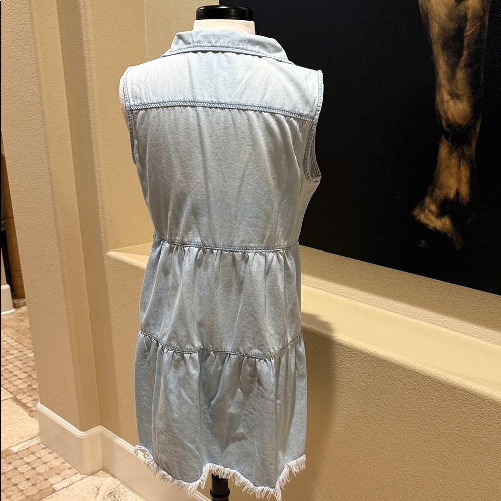 Sleeveless Light Wash Denim Shirt Dress - Casual Tiered - Picture 4 of 7
